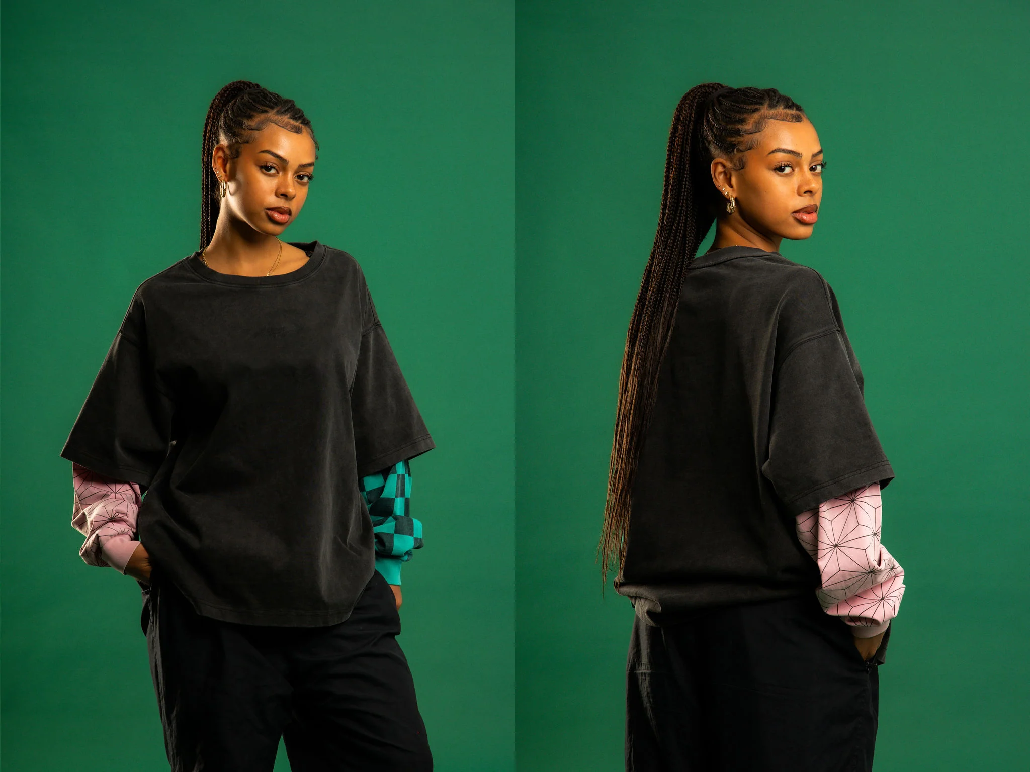 DEMON SLAYER SIBLING DOUBLE LAYER LONG SLEEVE SHIRT (WASHED BLACK)